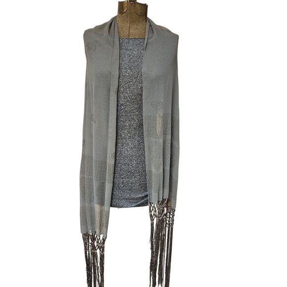 A Brod Fashion Accessories Accessories - A  Brod Fashion Accessories Gray Gold Metallic Fringe Wrap Scarf Shawl Vintage